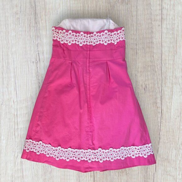 Lilly Pulitzer Betsey Strapless Dress Hibiscus Pink White Lace Trim Size 2 - Picture 3 of 4